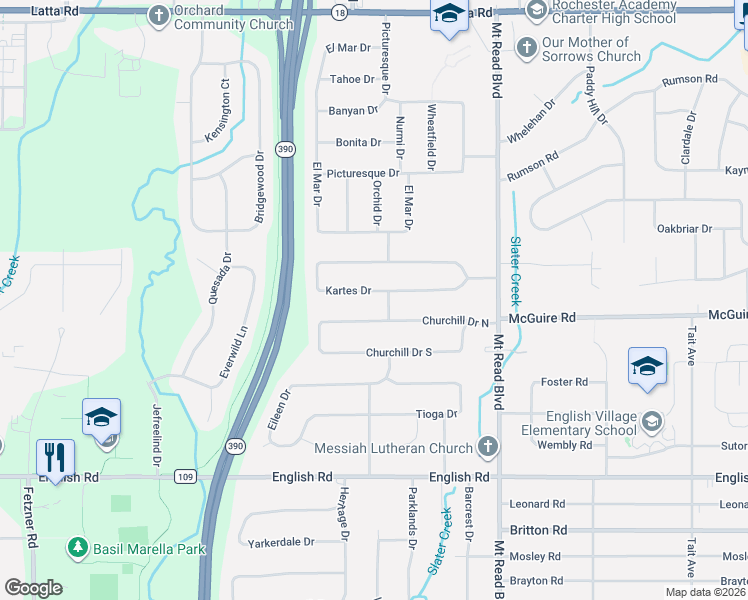 map of restaurants, bars, coffee shops, grocery stores, and more near 180 Churchill Drive North in Monroe County