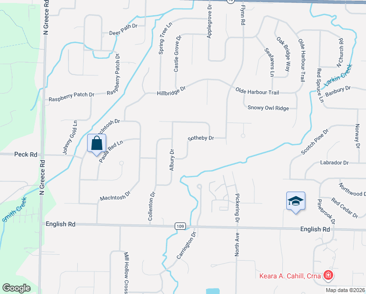map of restaurants, bars, coffee shops, grocery stores, and more near 20 Sotheby Drive in Rochester