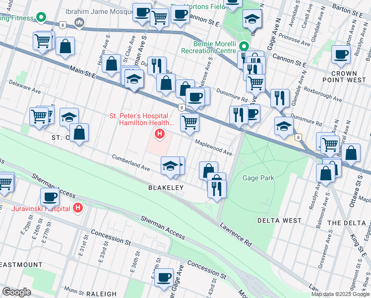 map of restaurants, bars, coffee shops, grocery stores, and more near 219 Prospect Street South in Hamilton