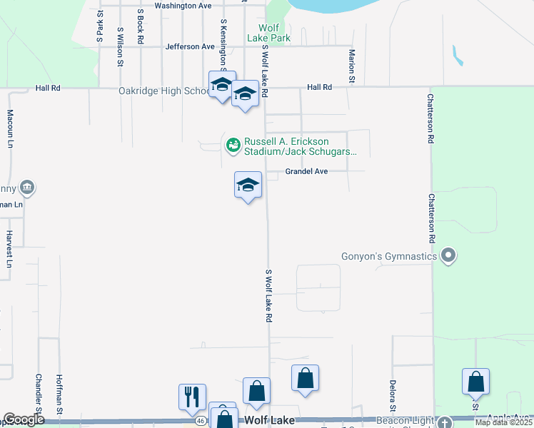 map of restaurants, bars, coffee shops, grocery stores, and more near 481 South Wolf Lake Road in Muskegon