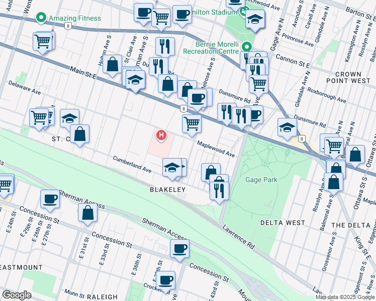 map of restaurants, bars, coffee shops, grocery stores, and more near 210 Prospect Street South in Hamilton