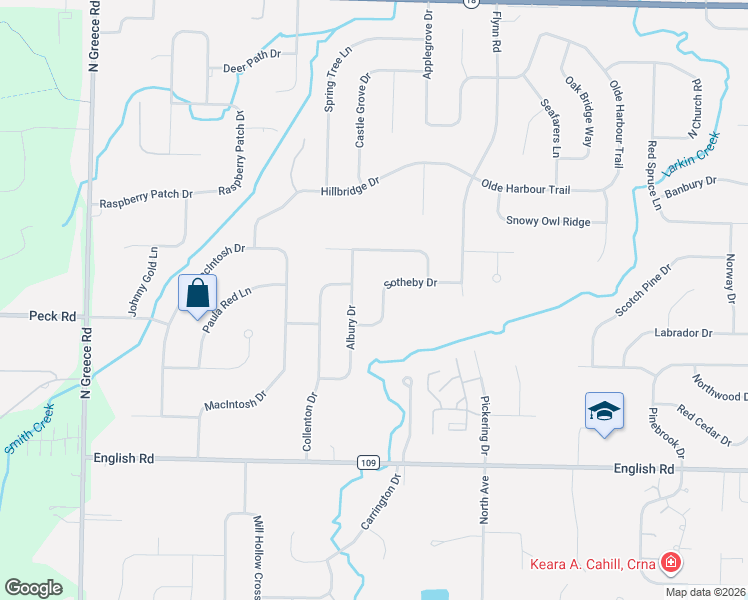 map of restaurants, bars, coffee shops, grocery stores, and more near 20 Sotheby Drive in Rochester
