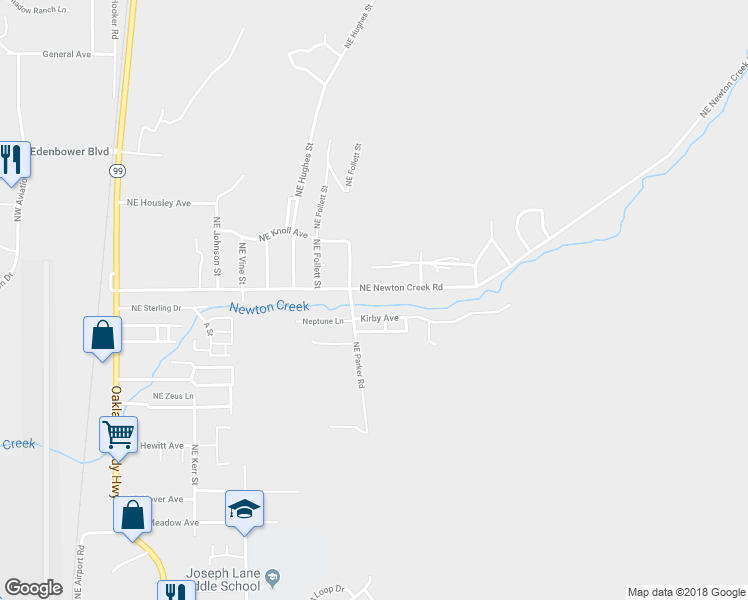 map of restaurants, bars, coffee shops, grocery stores, and more near 1151 Northeast Newton Creek Road in Roseburg
