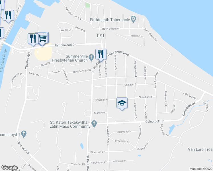 map of restaurants, bars, coffee shops, grocery stores, and more near 64 Oaklawn Drive in Irondequoit