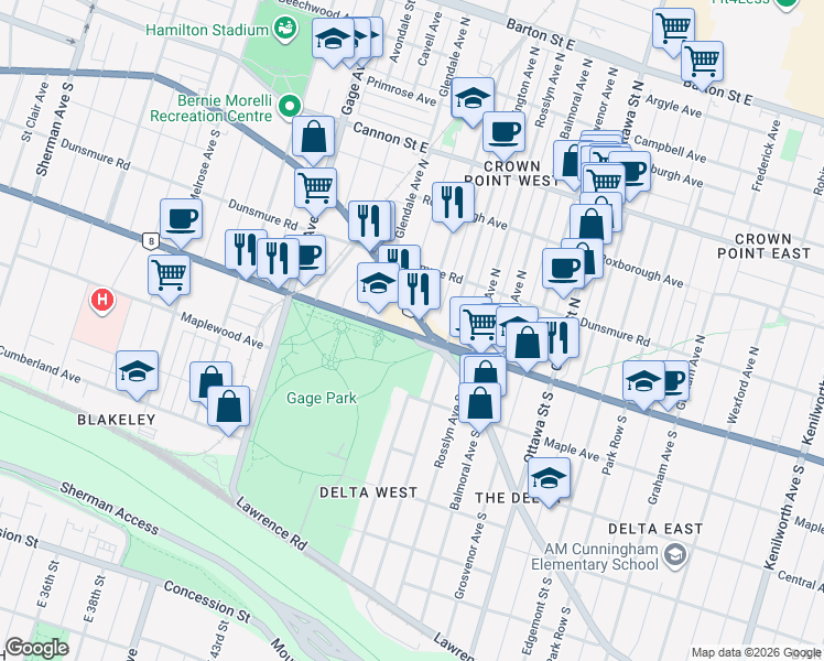 map of restaurants, bars, coffee shops, grocery stores, and more near 1083 Main Street East in Hamilton