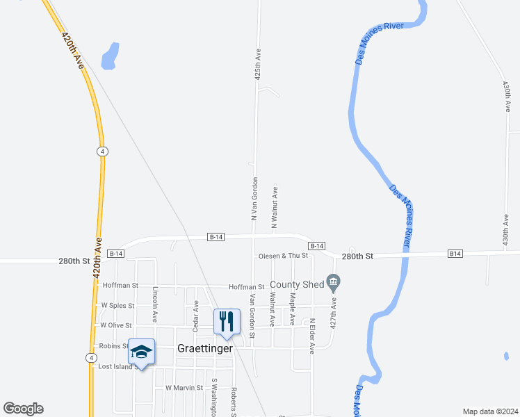 map of restaurants, bars, coffee shops, grocery stores, and more near 603 North Walnut Avenue in Graettinger