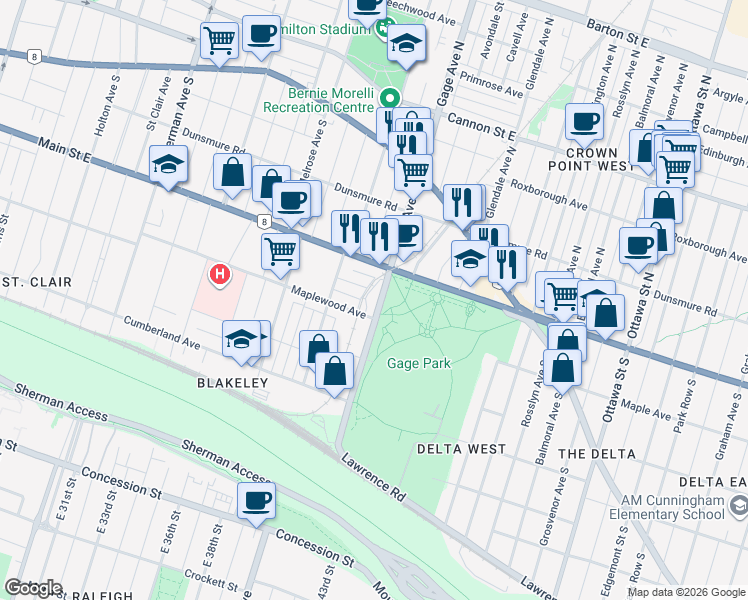 map of restaurants, bars, coffee shops, grocery stores, and more near 140 Gage Avenue South in Hamilton