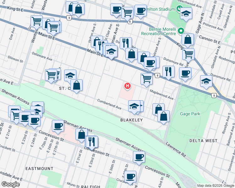 map of restaurants, bars, coffee shops, grocery stores, and more near 50 Norway Avenue in Hamilton