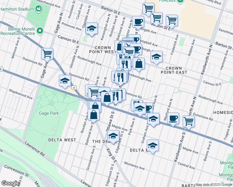 map of restaurants, bars, coffee shops, grocery stores, and more near 51 Ottawa Street North in Hamilton