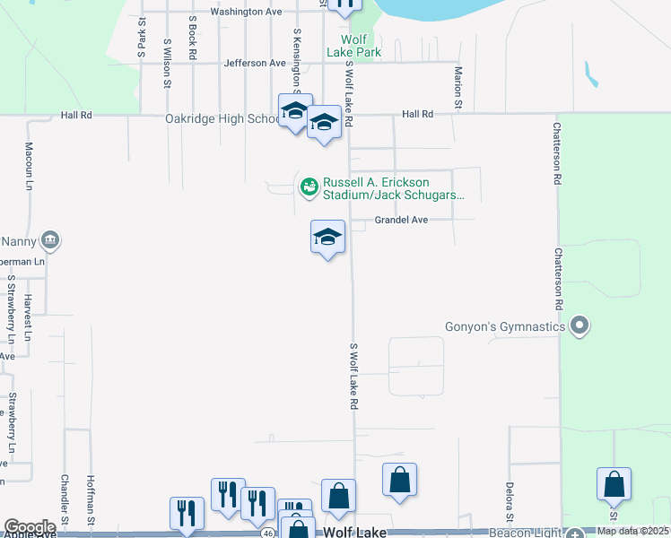 map of restaurants, bars, coffee shops, grocery stores, and more near 481 South Wolf Lake Road in Muskegon