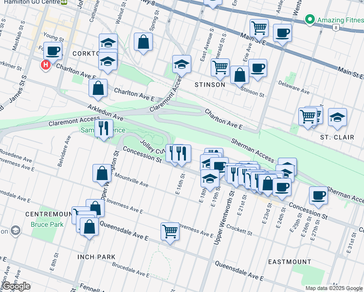 map of restaurants, bars, coffee shops, grocery stores, and more near 1 Mountain Park Avenue in Hamilton