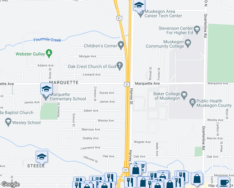 map of restaurants, bars, coffee shops, grocery stores, and more near 1525 Ducey Avenue in Muskegon