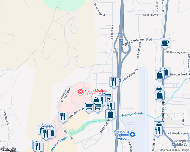 map of restaurants, bars, coffee shops, grocery stores, and more near 829 Northwest Plateau Drive in Roseburg