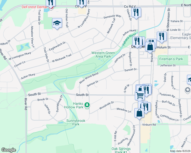 map of restaurants, bars, coffee shops, grocery stores, and more near 433 Sunset Drive in DeForest
