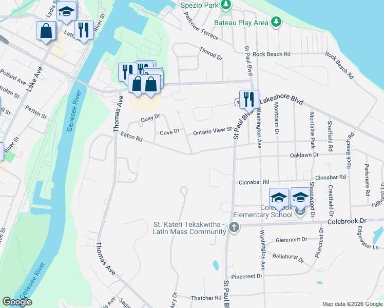 map of restaurants, bars, coffee shops, grocery stores, and more near 299 Eaton Road in Rochester