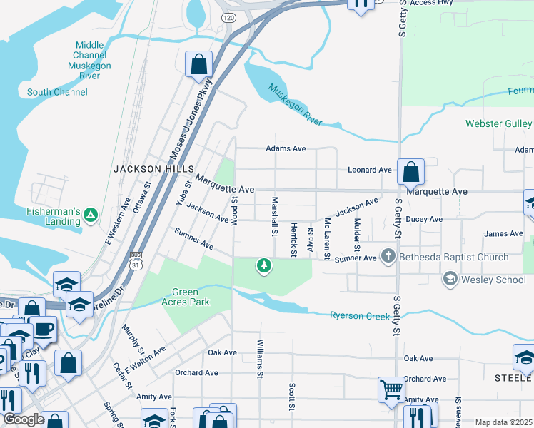 map of restaurants, bars, coffee shops, grocery stores, and more near 460 Jackson Avenue in Muskegon