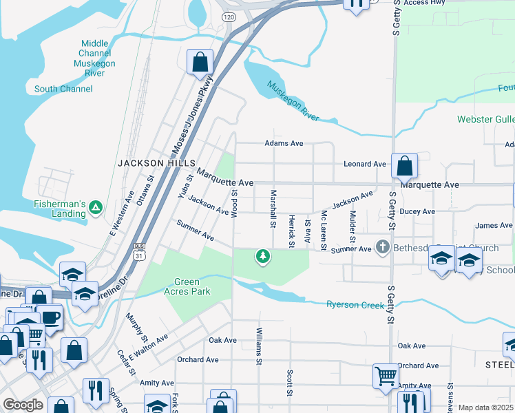 map of restaurants, bars, coffee shops, grocery stores, and more near 460 Jackson Avenue in Muskegon