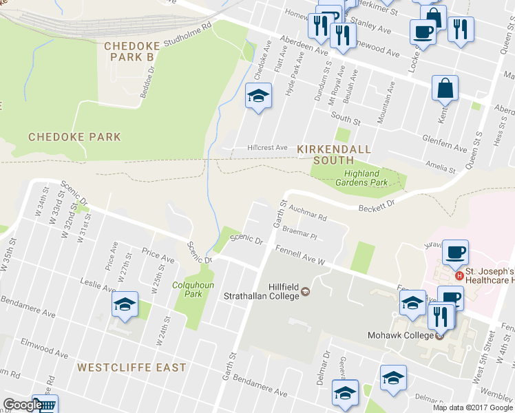 map of restaurants, bars, coffee shops, grocery stores, and more near 38 Balfour Drive in Hamilton