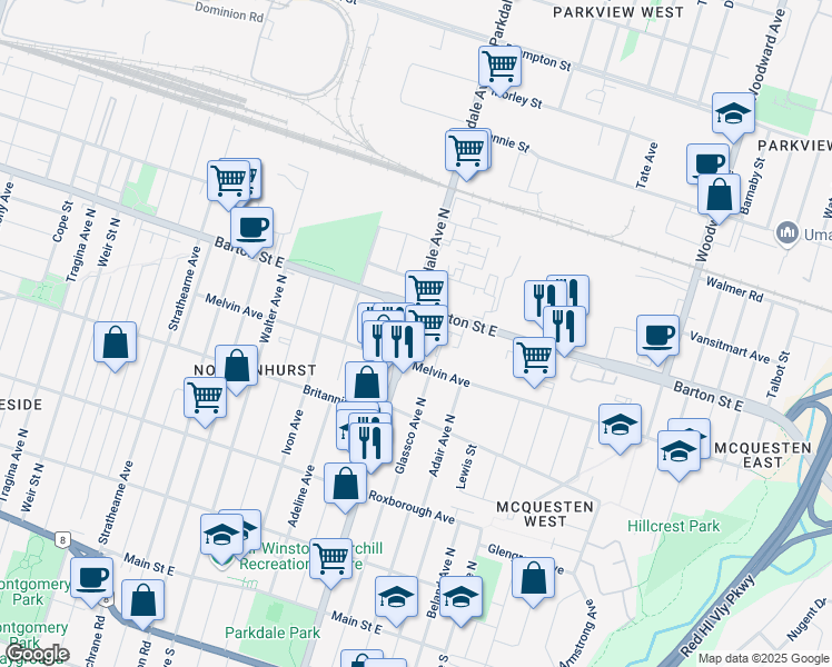 map of restaurants, bars, coffee shops, grocery stores, and more near 211 Melvin Avenue in Hamilton