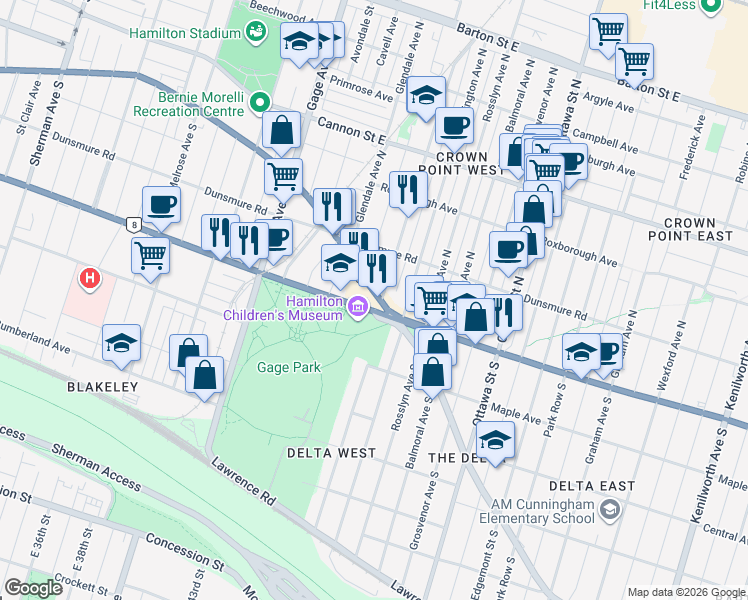 map of restaurants, bars, coffee shops, grocery stores, and more near 1286 King Street East in Hamilton