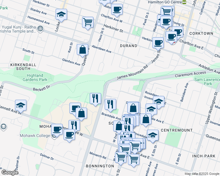 map of restaurants, bars, coffee shops, grocery stores, and more near 104 Inverness Court in Hamilton