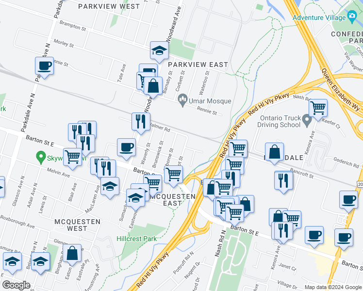 map of restaurants, bars, coffee shops, grocery stores, and more near 337 Vansitmart Avenue in Hamilton