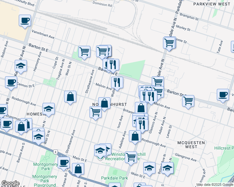 map of restaurants, bars, coffee shops, grocery stores, and more near in Hamilton