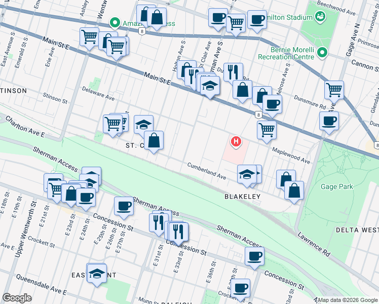 map of restaurants, bars, coffee shops, grocery stores, and more near 239 Sherman Avenue South in Hamilton