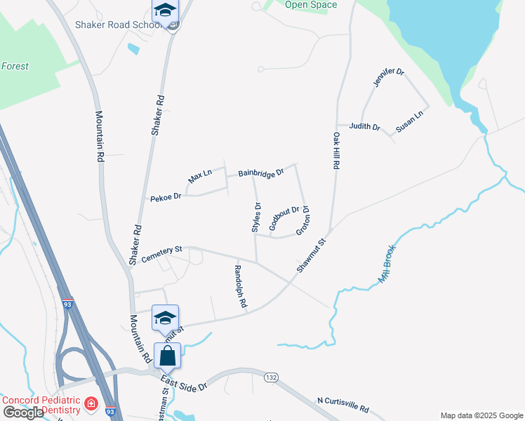 map of restaurants, bars, coffee shops, grocery stores, and more near 18 Styles Drive in Concord