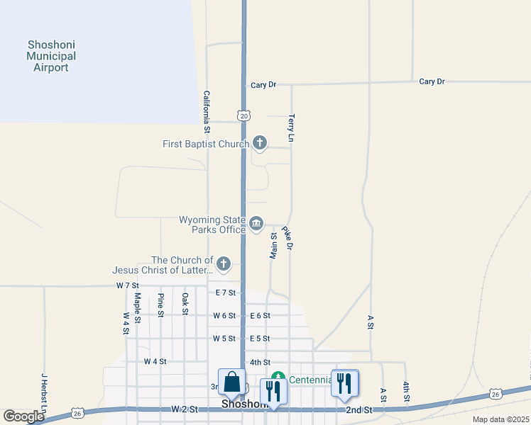 map of restaurants, bars, coffee shops, grocery stores, and more near Main Street in Shoshoni