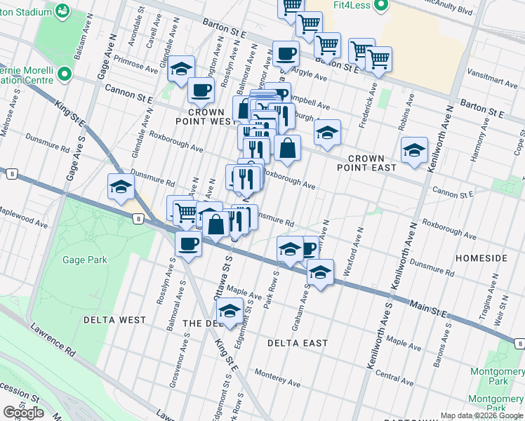 map of restaurants, bars, coffee shops, grocery stores, and more near in Hamilton