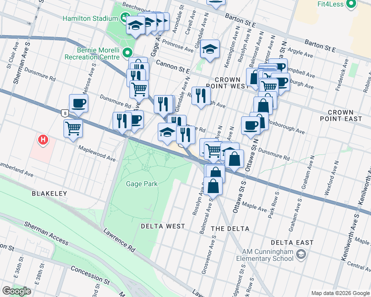 map of restaurants, bars, coffee shops, grocery stores, and more near 1284 King Street East in Hamilton