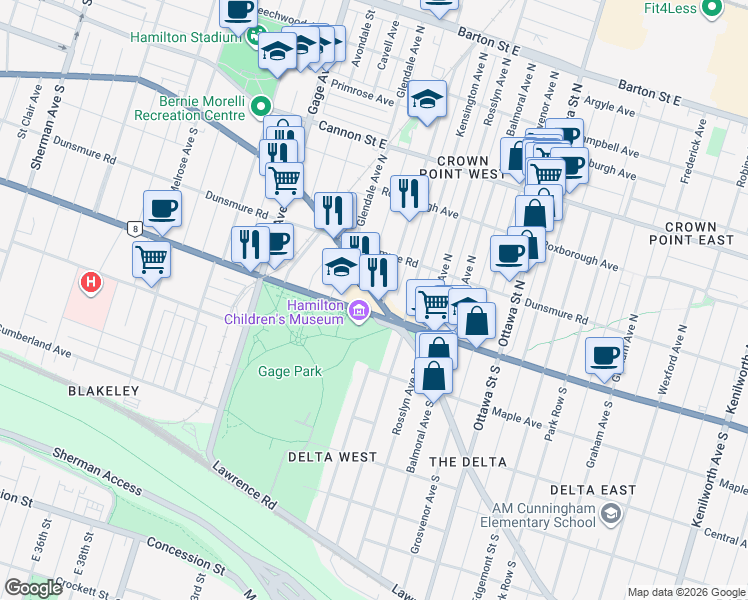 map of restaurants, bars, coffee shops, grocery stores, and more near 1278 King Street East in Hamilton