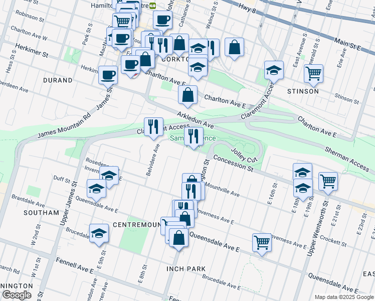 map of restaurants, bars, coffee shops, grocery stores, and more near 204 Concession Street in Hamilton