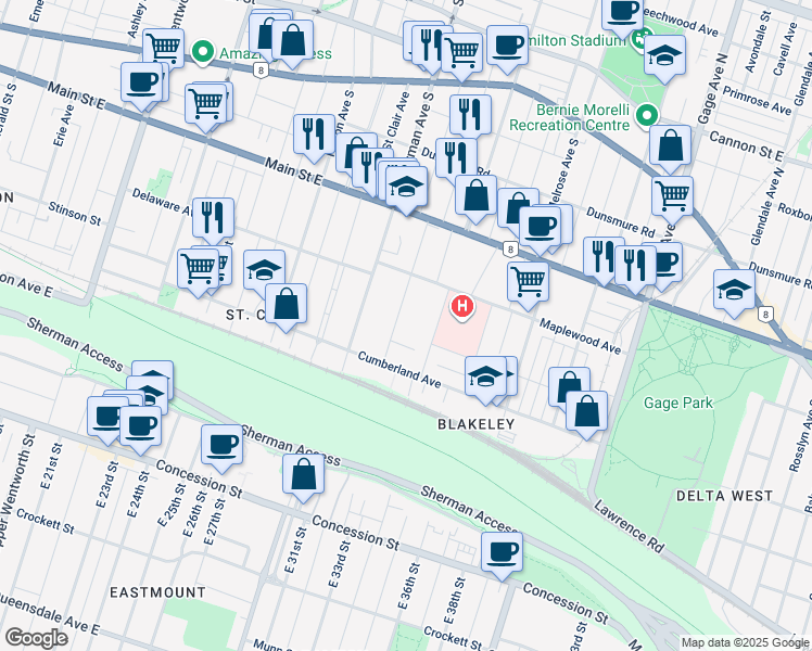 map of restaurants, bars, coffee shops, grocery stores, and more near 75 Blake Street in Hamilton