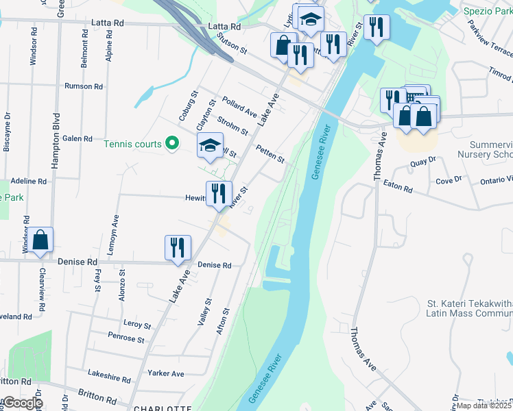 map of restaurants, bars, coffee shops, grocery stores, and more near 102 River Street in Rochester