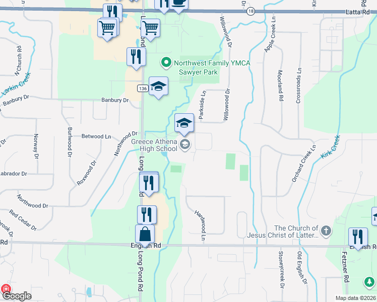 map of restaurants, bars, coffee shops, grocery stores, and more near 800 Long Pond Road in Rochester