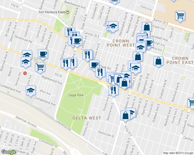 map of restaurants, bars, coffee shops, grocery stores, and more near 1267 King Street East in Hamilton