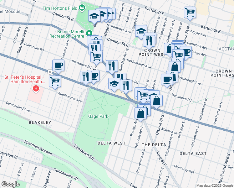 map of restaurants, bars, coffee shops, grocery stores, and more near 1267 King Street East in Hamilton