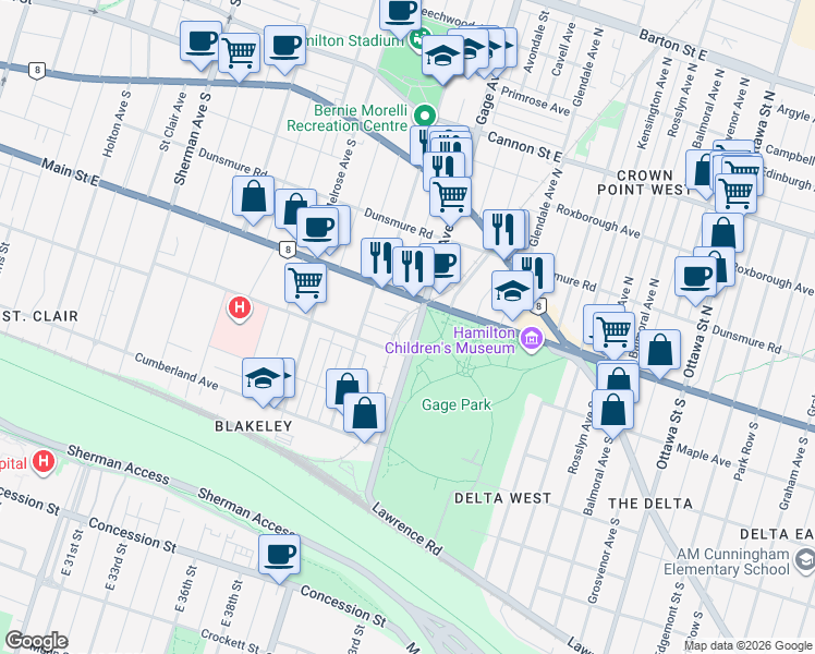 map of restaurants, bars, coffee shops, grocery stores, and more near in Hamilton