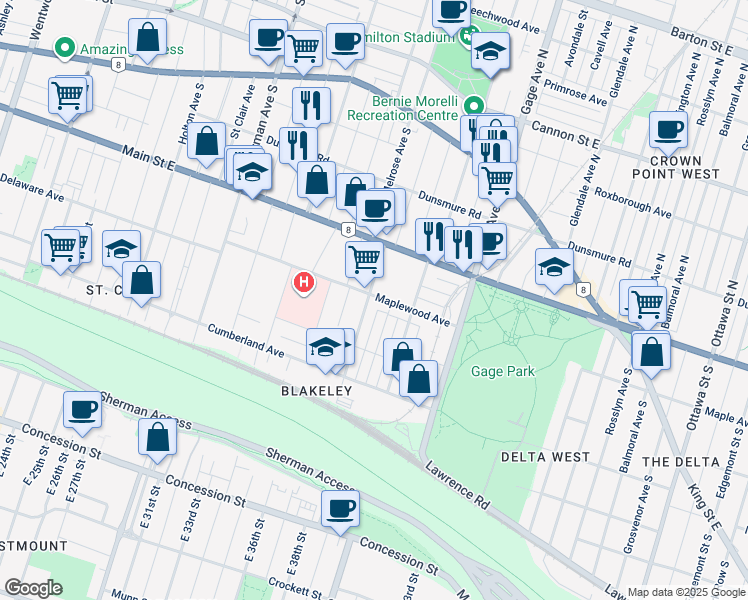 map of restaurants, bars, coffee shops, grocery stores, and more near 176 Prospect Street South in Hamilton