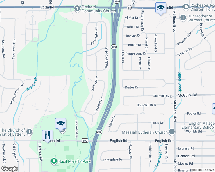 map of restaurants, bars, coffee shops, grocery stores, and more near Route 390 Trail in Monroe County