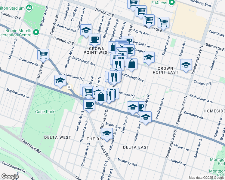 map of restaurants, bars, coffee shops, grocery stores, and more near Ottawa St N & Dunsmure Rd in Hamilton
