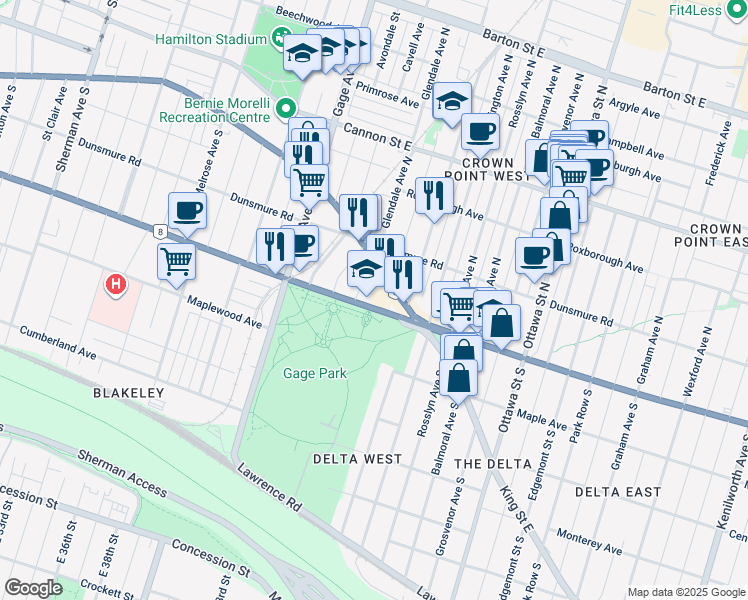 map of restaurants, bars, coffee shops, grocery stores, and more near 1267 King Street East in Hamilton