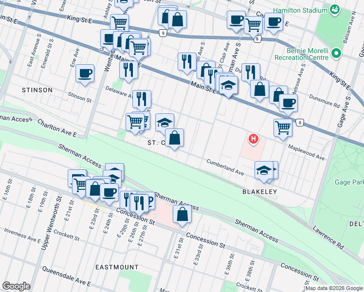 map of restaurants, bars, coffee shops, grocery stores, and more near 133 Eastbourne Avenue in Hamilton