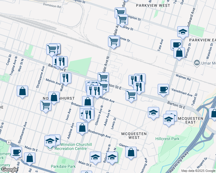 map of restaurants, bars, coffee shops, grocery stores, and more near 300 Parkdale Avenue North in Hamilton