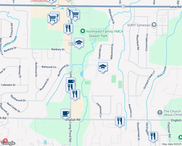 map of restaurants, bars, coffee shops, grocery stores, and more near 800 Long Pond Road in Rochester