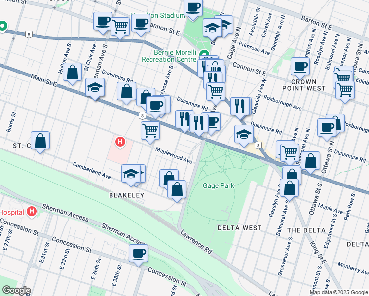 map of restaurants, bars, coffee shops, grocery stores, and more near 16 Elm Street in Hamilton