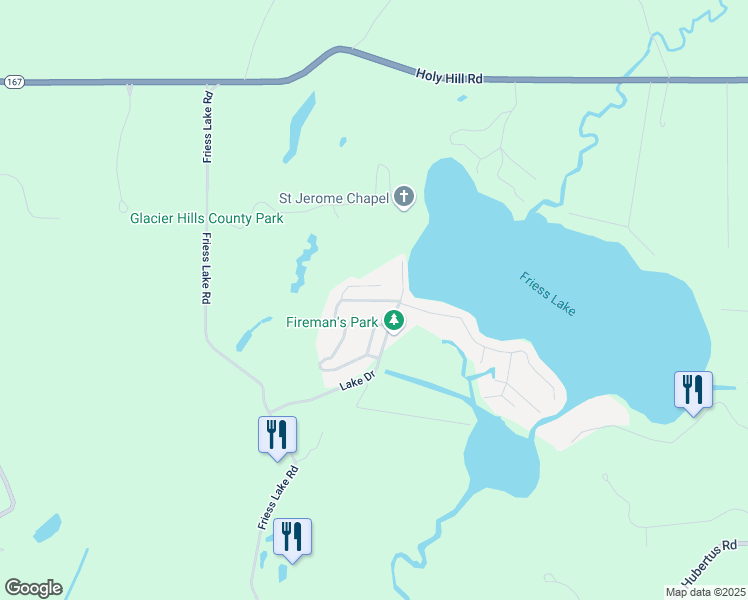 map of restaurants, bars, coffee shops, grocery stores, and more near 5070 Lakeview Avenue in Hubertus