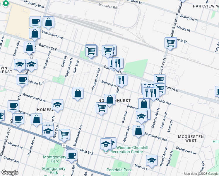 map of restaurants, bars, coffee shops, grocery stores, and more near 239 Tolton Avenue in Hamilton